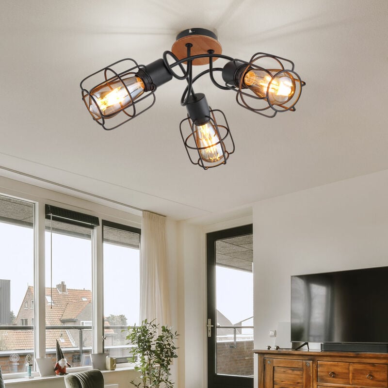 Image of Plafoniera lampada da soffitto lampada da soggiorno lampada da sala da pranzo lampada da corridoio, metallo legno marrone nero effetto griglia,