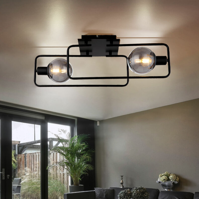 Image of Plafoniera lampada da soffitto lampada da soggiorno lampada da sala da pranzo lampada da corridoio, metallo nero, vetro fumé, 2 lampadine E14, l 61 cm