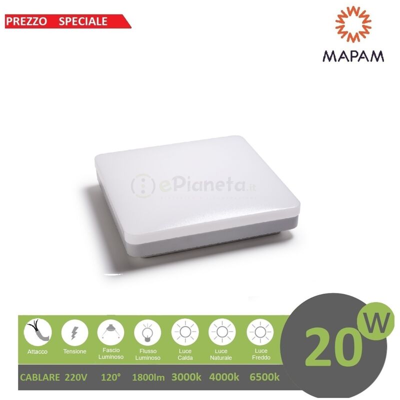 Mapam - Plafoniera led 20w quadrato lampada da