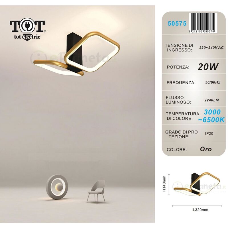 Image of Tot Electric - Plafoniera led 20w quadrato nero bianco oro design moderno lampadario da soffitto luce fredda calda Oro
