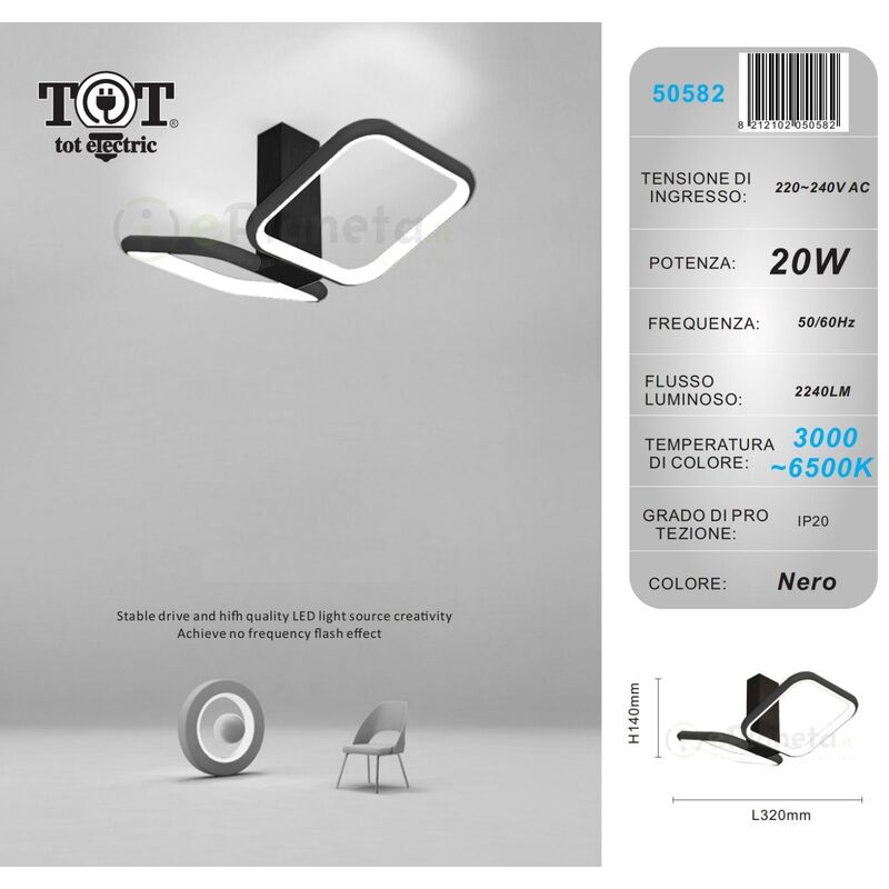 Image of Tot Electric - Plafoniera led 20w quadrato nero bianco oro design moderno lampadario da soffitto luce fredda calda Nero