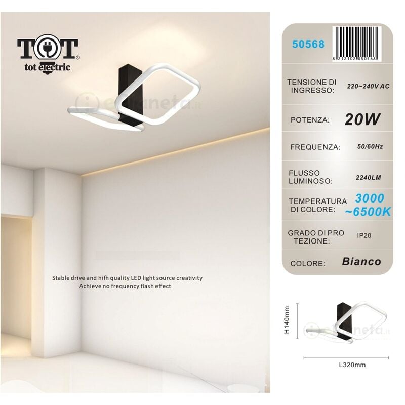 Image of Tot Electric - Plafoniera led 20w quadrato nero bianco oro design moderno lampadario da soffitto luce fredda calda Bianco