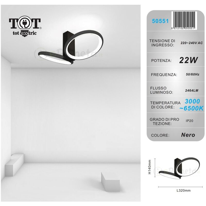 Image of Tot Electric - Plafoniera led 22w 2 cerchi nero bianco oro design moderno lampadario da soffitto con anello luce fredda calda Nero