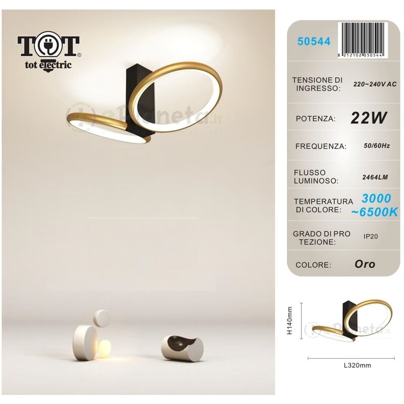 Image of Plafoniera led 22w 2 cerchi nero bianco oro design moderno lampadario da soffitto con anello luce fredda calda Oro