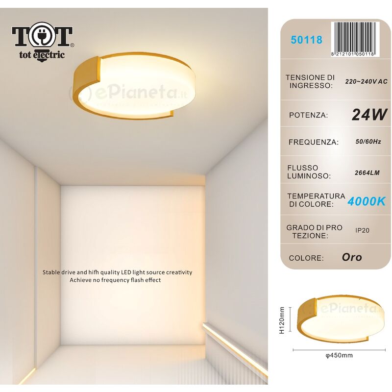 Image of Tot Electric - Plafoniera led 24w cerchio bianco oro design moderno lampadario da soffitto tonda luce fredda naturale Oro - Luce naturale