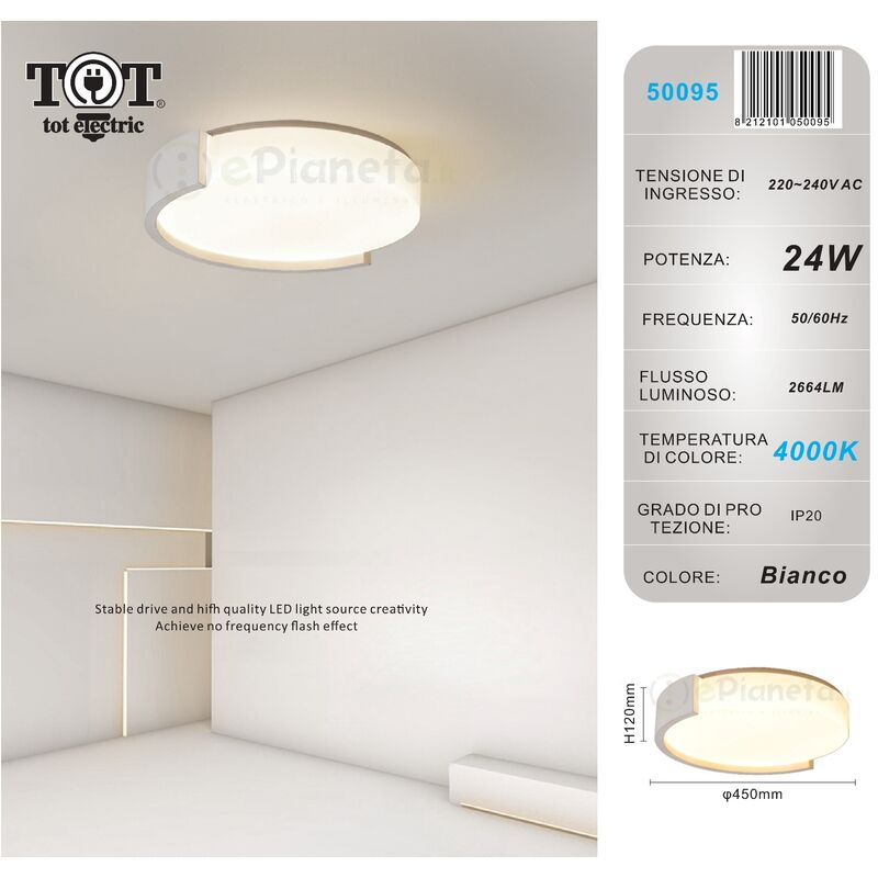 Image of Tot Electric - Plafoniera led 24w cerchio bianco oro design moderno lampadario da soffitto tonda luce fredda naturale Bianco - Luce naturale