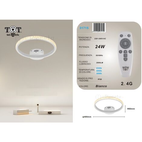 Plafoniera led 24w cerchio effetto cristallo con telecomando moderno bianco oro nero luce fredda calda naturale Bianco