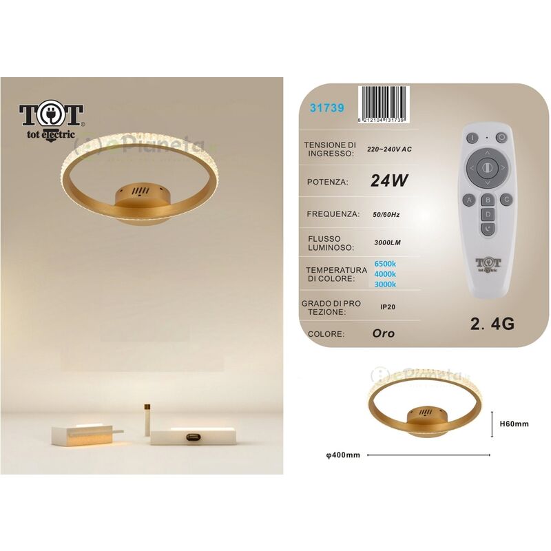 Image of Tot Electric - Plafoniera led 24w cerchio effetto cristallo con telecomando moderno bianco oro nero luce fredda calda naturale Oro