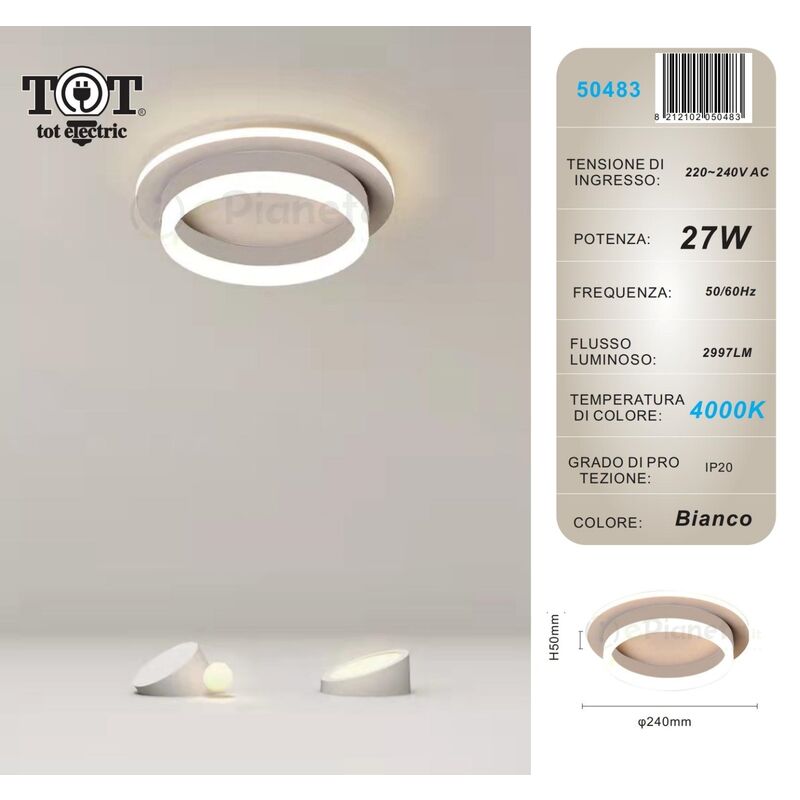 Image of Plafoniera led 27w tonda bianco design moderno lampadario da soffitto cerchio luce fredda naturale Naturale