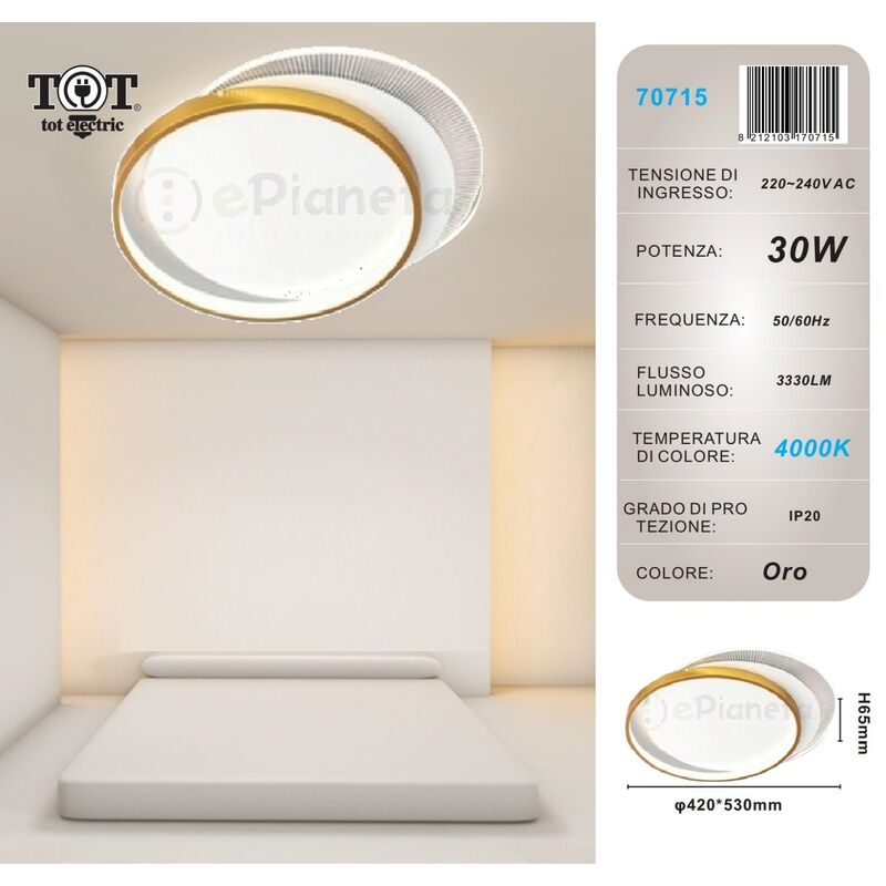 Image of Tot Electric - Plafoniera led 30w cerchio oro lampadario da soffitto design moderno tondo luce bianco naturale Naturale