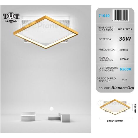 Plafoniera led 30w quadrata oro design moderno lampadario da soffitto luce bianco naturale  Bianco freddo