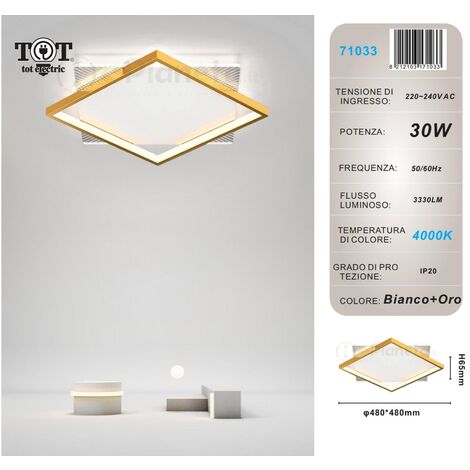 Plafoniera led 30w quadrata oro design moderno lampadario da soffitto luce bianco naturale Naturale