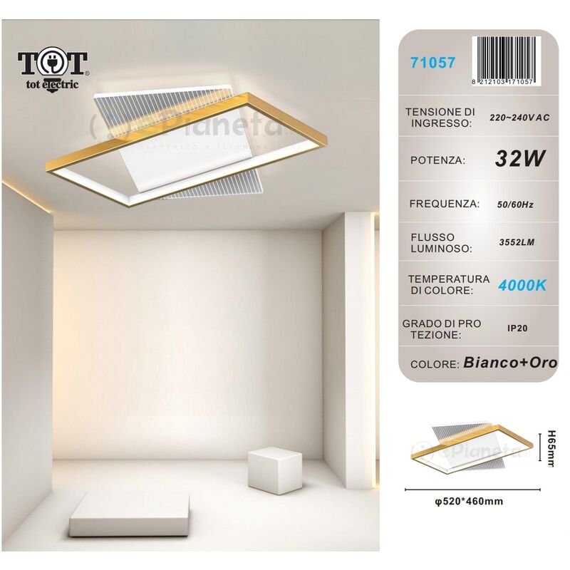 Image of Tot Electric - Plafoniera led 32w rettangolare oro design moderno lampadario da soffitto luce bianco naturale Naturale