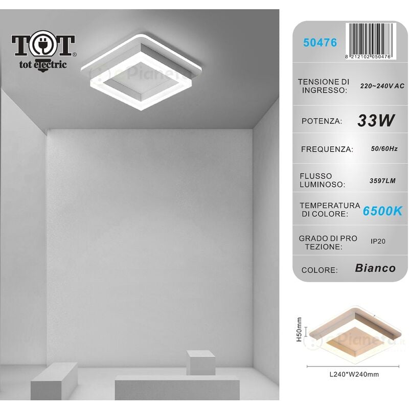 Image of Tot Electric - Plafoniera led 33w quadrata bianco design moderno lampadario da soffitto geometrico luce fredda naturale Bianco freddo