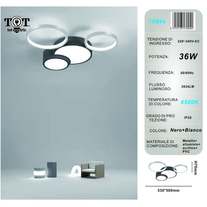 Image of Plafoniera led 36w 4 cerchi argento nero lampada da soffitto design moderno luce per camera soggiorno cucina Bianco freddo