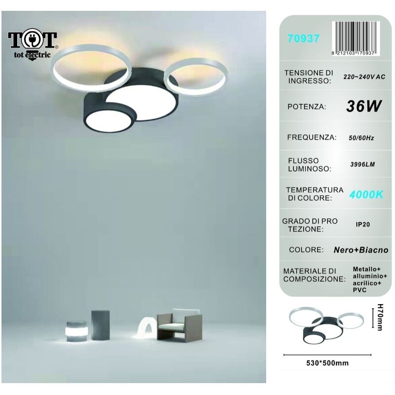 Image of Tot Electric - Plafoniera led 36w 4 cerchi argento nero lampada da soffitto design moderno luce per camera soggiorno cucina Naturale
