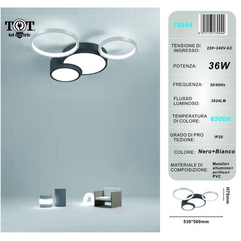 Plafoniera led 36w 4 cerchi argento nero lampada da soffitto design moderno luce per camera soggiorno cucina Bianco freddo
