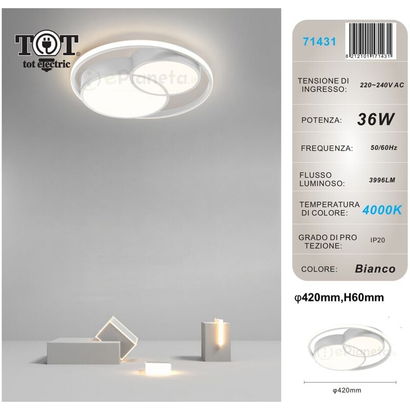Image of Tot Electric - Plafoniera led 36w cerchio bianco design moderno lampadario da soffitto tonda luce fredda naturale Naturale