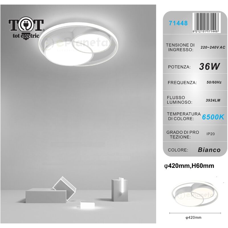 Image of Tot Electric - Plafoniera led 36w cerchio bianco design moderno lampadario da soffitto tonda luce fredda naturale Bianco freddo