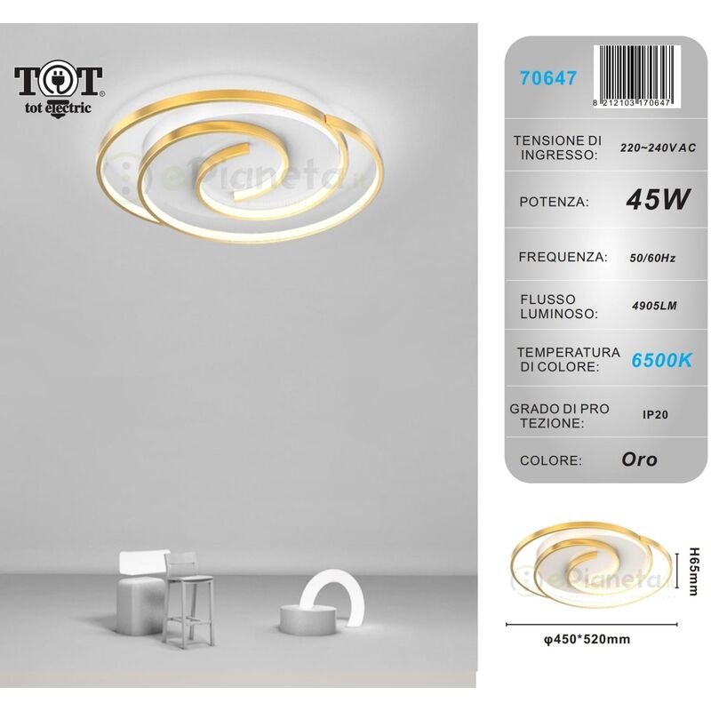 Image of Plafoniera led 45w cerchio spirale vortice oro lampadario da soffitto moderno luce fredda naturale Bianco freddo