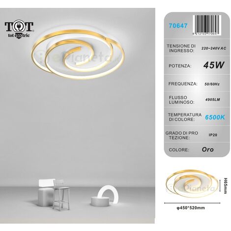 Plafoniera led 45w cerchio spirale vortice oro lampadario da soffitto moderno luce fredda naturale  Bianco freddo