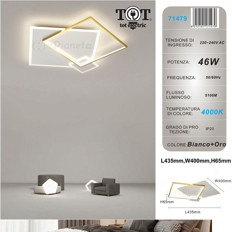 Image of Tot Electric - Plafoniera led 46w quadrato oro design moderno lampadario soffitto luce bianco naturale Naturale