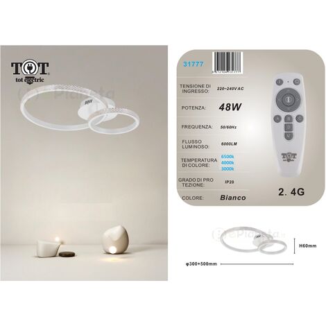 Plafoniera led 48w 2 cerchi effetto cristallo con telecomando moderno anelli circolare bianco oro nero  Bianco