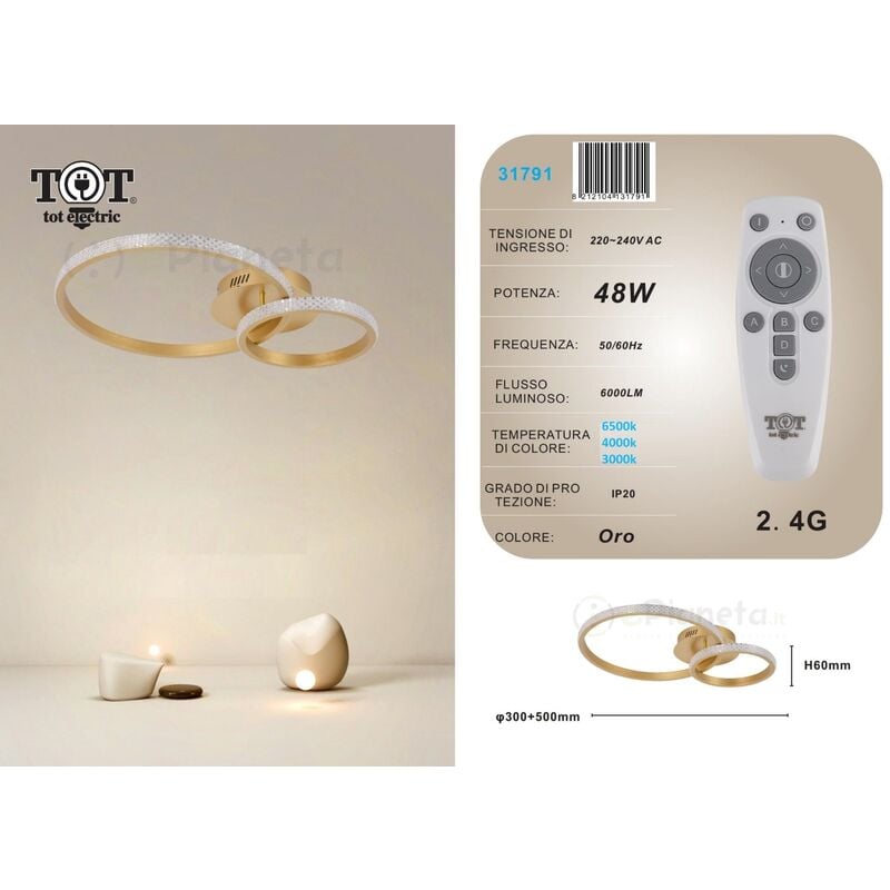 Plafoniera led 48w 2 cerchi effetto cristallo con