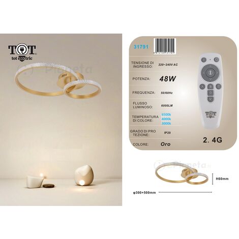 Plafoniera led 48w 2 cerchi effetto cristallo con telecomando moderno anelli circolare bianco oro nero  Oro