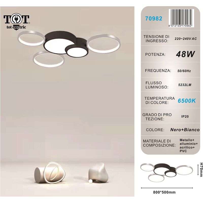 Image of Tot Electric - Plafoniera led 48w 5 cerchi argento nero lampada da soffitto design moderno luce per camera soggiorno cucina Bianco freddo