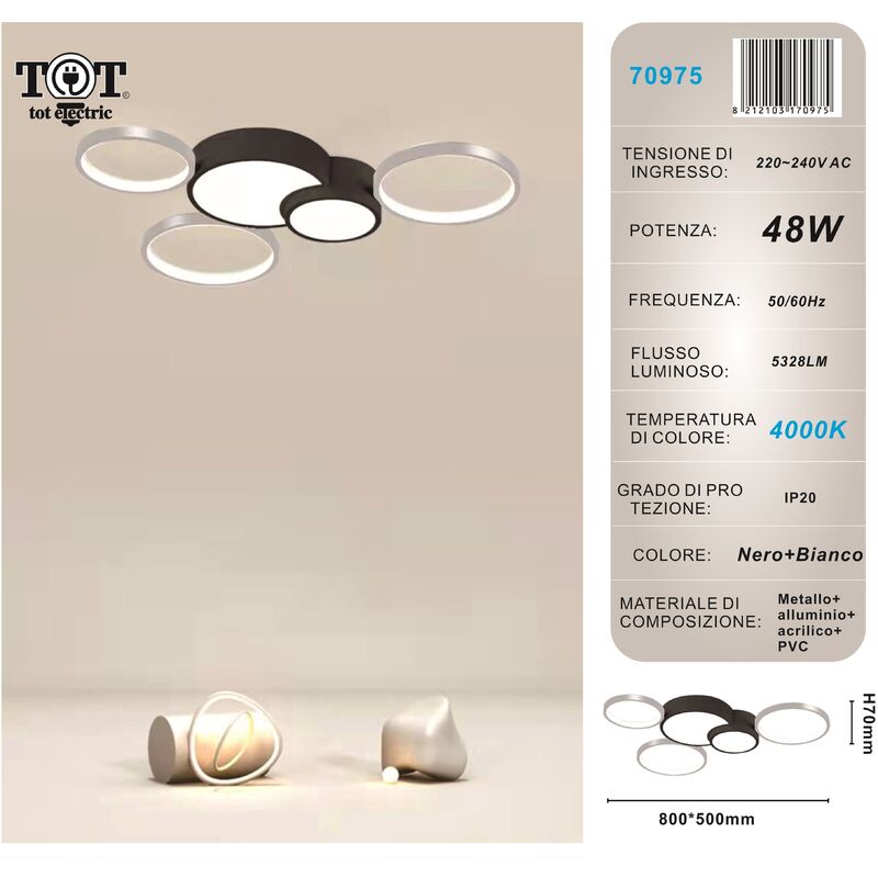 Image of Tot Electric - Plafoniera led 48w 5 cerchi argento nero lampada da soffitto design moderno luce per camera soggiorno cucina Naturale