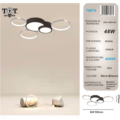 Plafoniera led 48w 5 cerchi argento nero lampada da soffitto design moderno luce per camera soggiorno cucina  Naturale