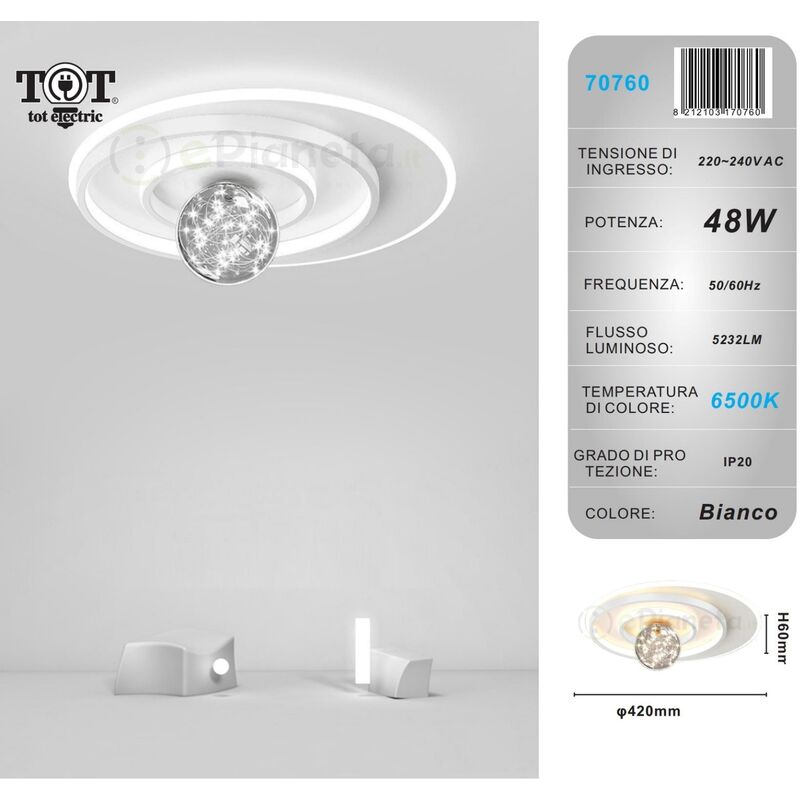 Image of Tot Electric - Plafoniera led 48w cerchio spirale bianco con sfera lampadario da soffitto design moderno tondo luce fredda
