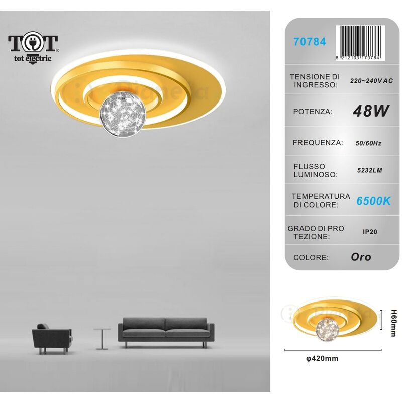 Image of Tot Electric - Plafoniera led 48w cerchio spirale oro con sfera lampadario da soffitto design moderno tondo luce fredda naturale Bianco freddo