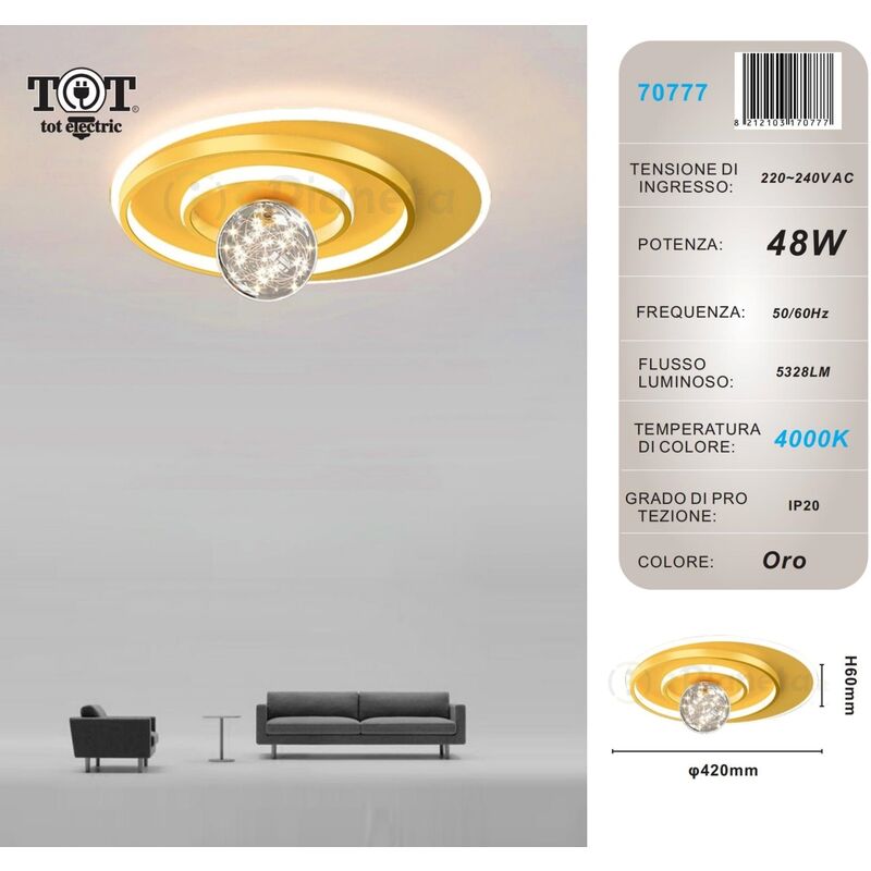 Image of Tot Electric - Plafoniera led 48w cerchio spirale oro con sfera lampadario da soffitto design moderno tondo luce fredda naturale Naturale