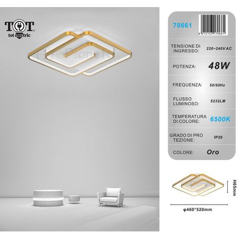 Plafoniera led 48w quadrata spirale vortice oro lampadario da soffitto moderno luce fredda naturale Bianco freddo