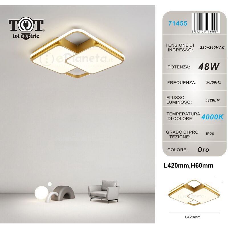 Image of Tot Electric - Plafoniera led 48w quadrato oro design moderno lampadario soffitto luce bianco naturale Naturale