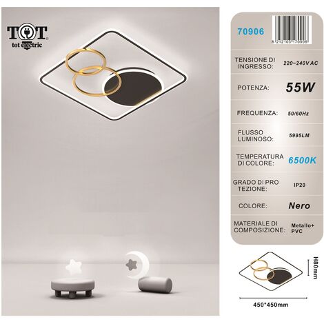 Plafoniera led 55w quadrato con cerchi nero oro lampada da soffitto design moderno luce per camera soggiorno cucina  Bianco freddo