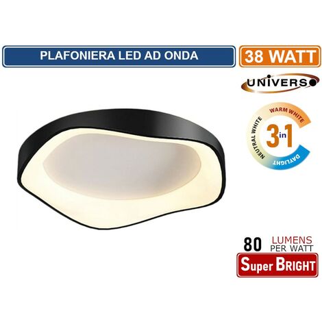 PLAFONIERA LED A ONDA NERA MOTAGGIO A SOFFITTO 38W COLORAZIONE LUCE 3IN1 CCT 3000K - 4000K - 6500K
