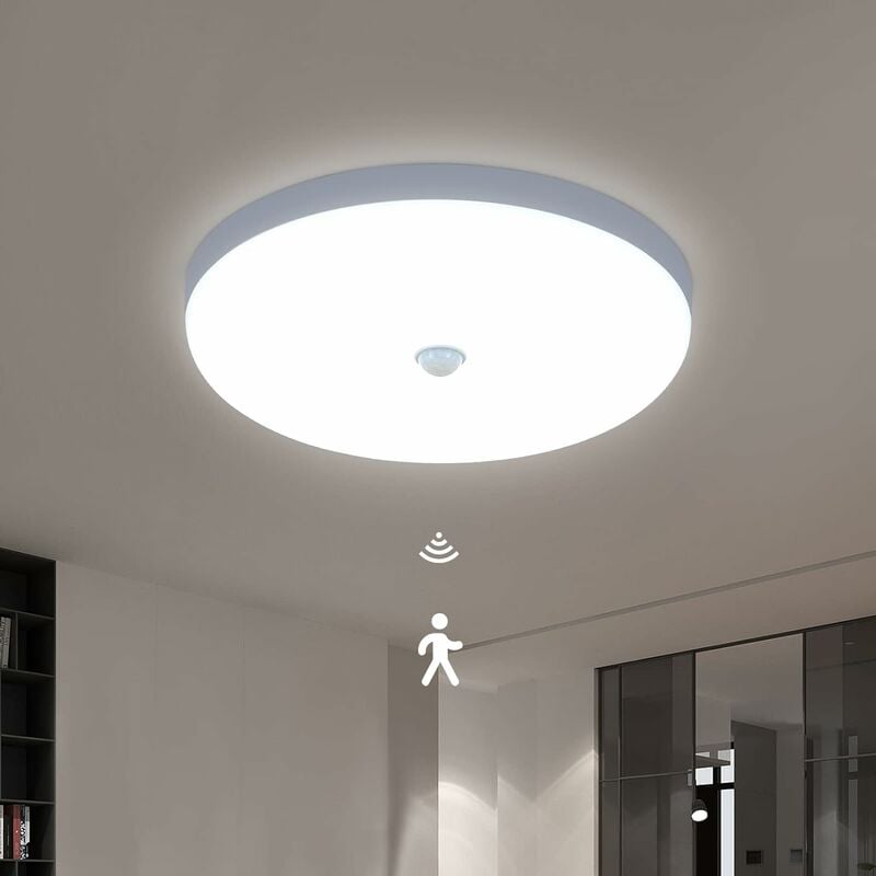 Image of Plafoniera LED con Rilevatore di Movimento, 30W 6600K Lampada da Soffitto Moderna Luce Bianca Fredda, 25CM Plafoniera Rotonda Bianca per Cucina,