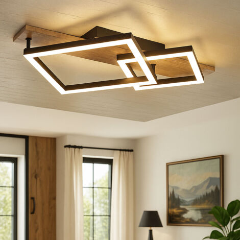 Plafoniera LED design lampada da soggiorno lampada da sala da pranzo, metallo nero effetto legno plastica, 18W 1050lm 3000K bianco caldo, L 47,5 cm