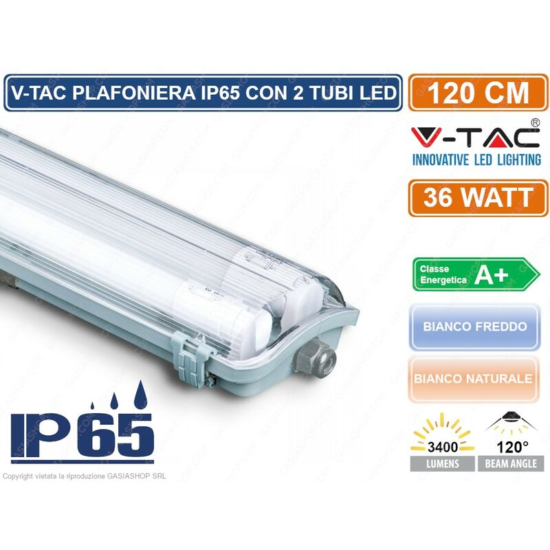 Image of VT-12023 tubo led plafoniera 2X18W lampadina 120CM impermeabile - sku 6387 / 6399 - Colore Luce: Bianco Naturale - V-tac
