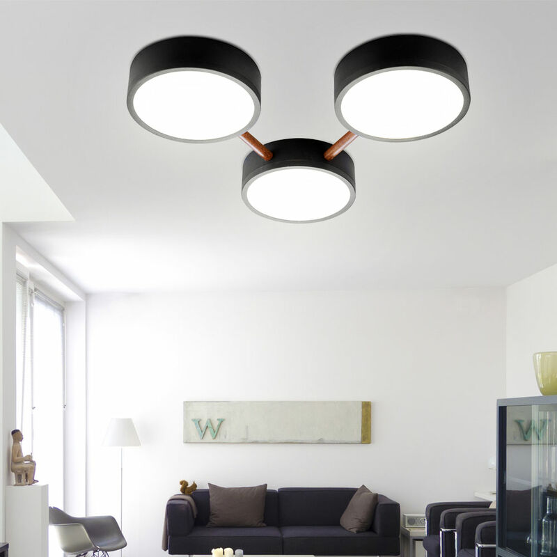 Image of Plafoniera dimmerabile lampada da soffitto nera rotonda soggiorno aspetto legno chiaro, 1x LED 23W 2150Lm bianco caldo, LxPxH 45x43x8 cm