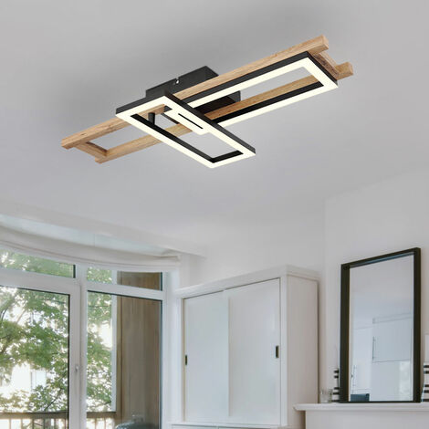 Plafoniera LED quadrato plafoniera in legno camera da letto lampada soggiorno, 1 rettangolo orientabile, metallo nero, 20W 850lm 3000k, LxH 69x10,5 cm