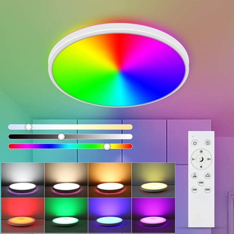 Image of Plafoniera led rgb Dimmerabile, 24W Plafoniera led Soffitto Moderna, Retroilluminata IP44 Plafoniera Bagno, Telecomando Plafoniere per Soggiorno