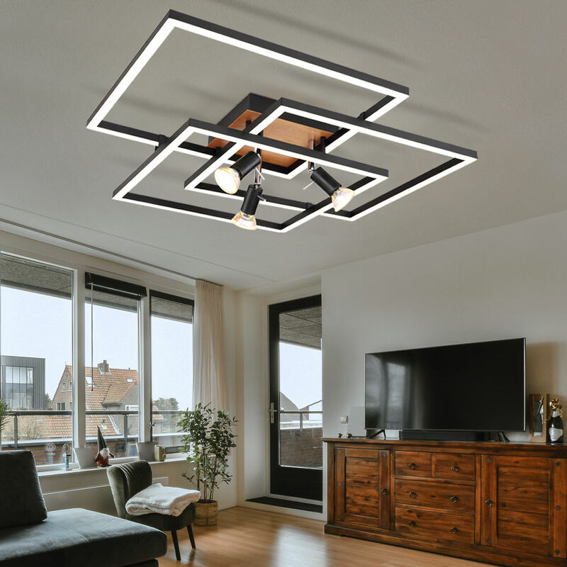 Image of Plafoniera led soggiorno plafoniera lampada sala da pranzo, metallo plastica aspetto legno nero, memoria interruttore passo-passo, 50W 3500lm 3000K