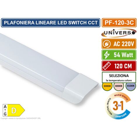 PLAFONIERA LINEARE LED UNIVERSO ALTA LUMINOSITA' 5400 LUMEN 120CM 54W IP20 CCT SWITCH CAMBIA COLORE LUCE 3000K - 4000K - 6500K