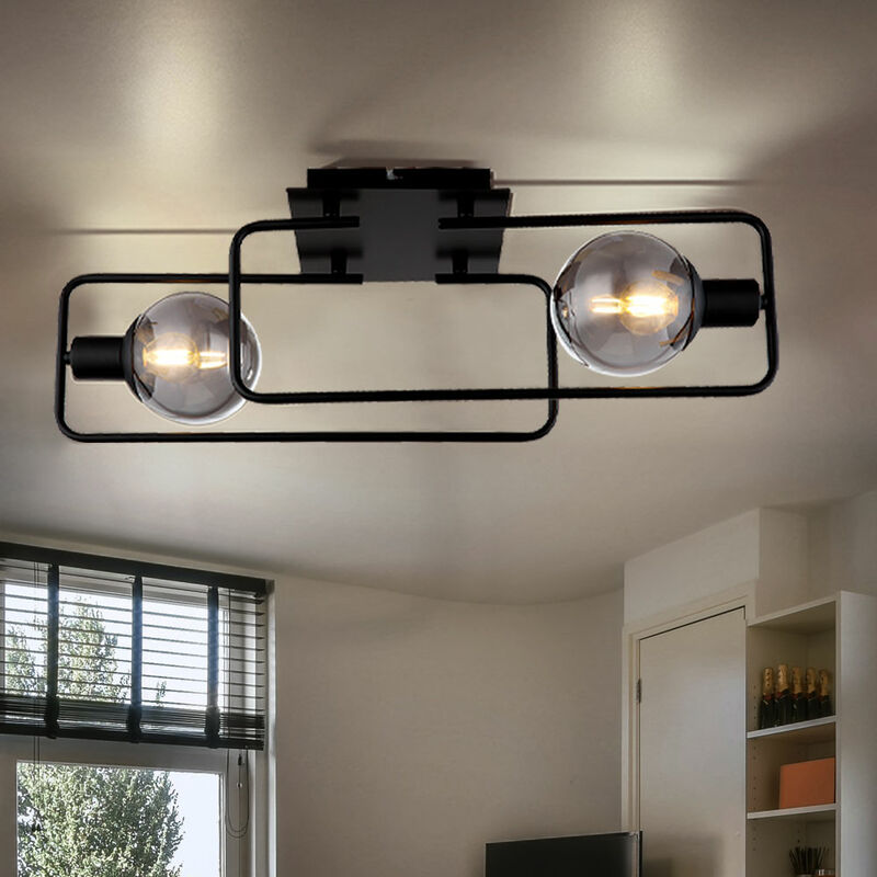 Image of Plafoniera, luce soggiorno, lampada da soffitto, luce sala da pranzo, lampada da corridoio, metallo nero, vetro fumé, 2 lampadine E14, L 61 cm