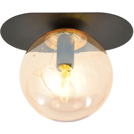 Plafoniera Minimal 1 Luce Teia In Acciaio Nero E Sfera Vetro Ambra