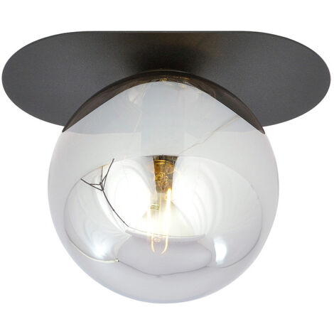 Plafoniera Minimal 1 Luce Teia In Acciaio Nero E Sfera Vetro Fumè